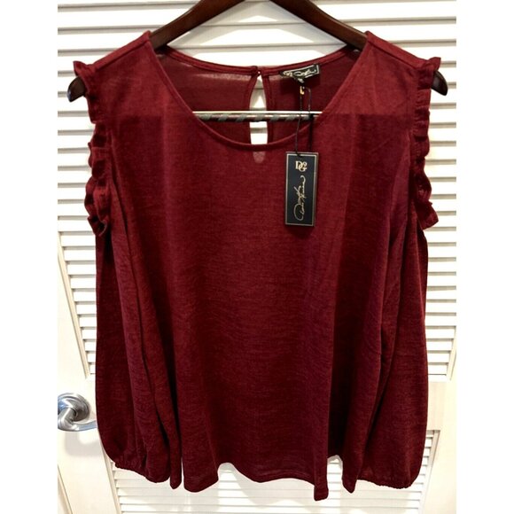 NEW DG2 Diane Gilman Shirt Top Ruffle Cold Shoulder Long Sleeve Size 3X Merlot - Picture 14 of 14